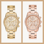 Michael Kors Ritz Chronograph Gold Dial Gold Steel Strap Watch For Women - MK6597