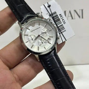Emporio Armani Renato Chronograph Silver Dial Black Leather Strap Watch for Men - AR2436