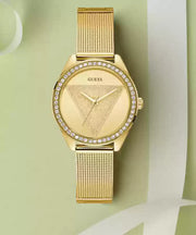 Guess Tri Glitz Quartz Diamonds Gold Dial Gold Mesh Bracelet Watch For Women - W1142L2