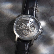 Tommy Hilfiger Keagan Quartz Grey Dial Black Leather Strap Watch for Men - 1791289