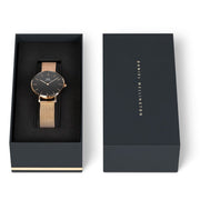 Daniel Wellington Classic Melrose Black Dial Rose Gold Mesh Bracelet Watch For Women - DW00100161