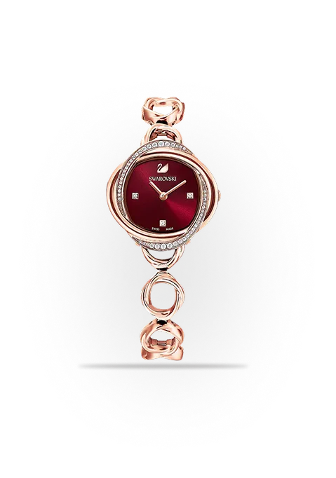 Swarovski Crystal Flower Red Dial Rose Gold Steel Strap Watch for Wome