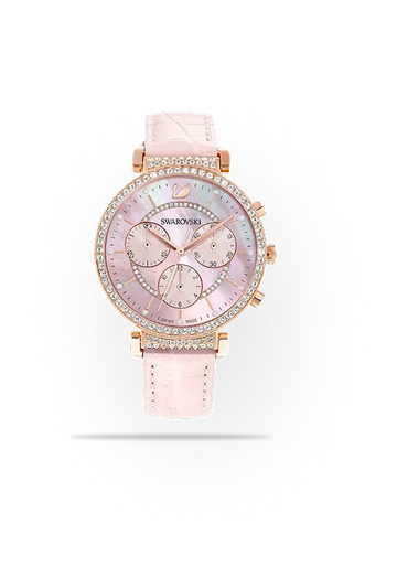 SWAROVSKI 箱＆購入店印あり説明書付ブローチB313 Swarovski Passage Chrono Pink Dial Pink Leather Strap Watch for Women