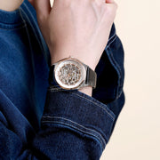 Emporio Armani Zeta Automatic Skeleton Silver Dial Black Leather Strap Watch For Men - AR60018