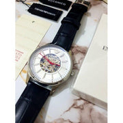 Emporio Armani Meccanico Silver Skeleton Dial Black Leather Strap Watch For Men - AR2072