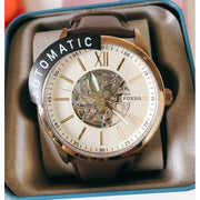 Fossil Flynn Mechanical Skeleton Beige Dial Brown Leather Strap Watch for Men - BQ2215