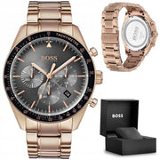 Hugo Boss Trophy Chronograph Grey Dial Rose Gold Steel Strap Watch for Men - 1513632