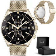 Hugo Boss Ocean Edition Chronograph Black Dial Gold Mesh Bracelet Watch for Men - 1513703