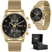 Hugo Boss Skymaster Chronograph Black Dial Gold Mesh Bracelet Watch for Men - 1513838