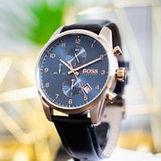 Hugo Boss Skymaster Chronograph Blue Dial Black Leather Strap Watch for Men - 1513783