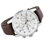 Hugo Boss Navigator Chronograph White Dial Brown Leather Strap Watch for Men - 1513495