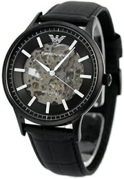 Emporio Armani Meccanico Automatic Skeleton Black Dial Black Leather Strap Watch For Men - AR60042