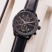 Hugo Boss Grand Prix Chronograph Black Dial Black Leather Strap Watch for Men - 1513474