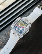 Guess Phoenix Polycarbonate Clear Multi-function Black Dial Clear Rubber Strap Watch for Men - GW0499G3