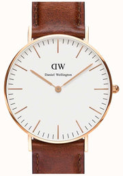 Daniel Wellington Classic St. Mawes White Dial Brown Leather Strap Watch for Men - DW00100035