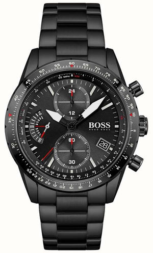 Hugo Boss Aero Chronograph Black Dial Black Steel Strap Watch for Men - 1513771