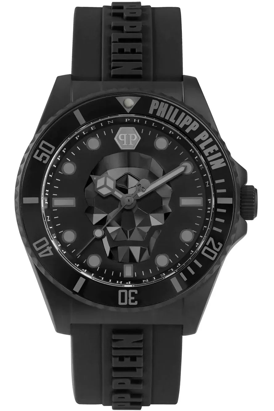Philipp Plein The $kull Diver Black Dial Black Silicone Strap Watch For Men- PWOAA0922