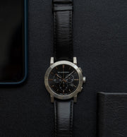 Burberry The City Chronograph Black Dial Black Leather Strap Watch for Men - BU9356