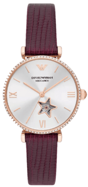 Emporio Armani Meccanico Automatic Silver Dial Red Leather Strap Watch For Women - AR60044