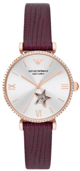 Emporio Armani Meccanico Automatic Silver Dial Red Leather Strap Watch For Women - AR60044