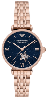 Emporio Armani Meccanico Gianni T Bar Blue Dial Rose Gold Steel Strap Watch For Women - AR60043