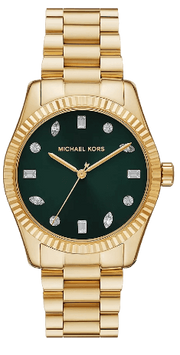 Michael Kors Lexington Three Hand Green Dial Gold Steel Strap Watch For Women - MK7449