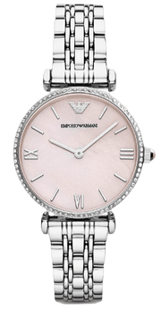 Emporio Armani Gianni T Bar Pink Mother of Pearl Dial Silver Steel Strap Watch For Women - AR1779