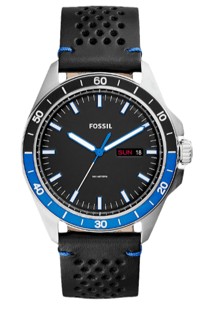 Fossil Sport 54 Day Date Black Dial Black Leather Strap Watch for Men - FS5321