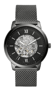 Fossil Neutra Automatic Skeleton Black Dial Grey Mesh Strap Watch for Men - ME3185