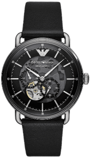 Emporio Armani Meccanico Skeleton Black Dial Black Leather Strap Watch For Men - AR60026