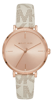 Michael Kors Jayne Three Hand Rose Gold Dial White Leather Strap Watch For Women - MK7128