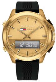 Tommy Hilfiger Jeans Digital Analog Gold Dial Black Rubber Strap Watch For Women  - 1791762