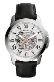 Fossil Grant Automatic Skeleton White Dial Black Leather Strap Watch for Men - ME3101