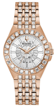 Bulova Phantom White Dial with Swarovski Baguettes Rose Gold Steel Strap Watch for Women - 98L268