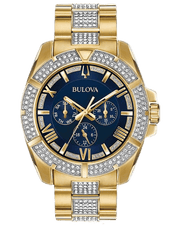 Bulova Crystal Collection Blue Dial Gold Steel Strap Watch for Men - 98C128