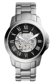 Fossil Grant Automatic Skeleton Black Dial Silver Steel Strap Watch for Men - ME3103