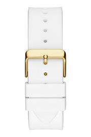 Guess Baguette Crystals Gold Dial White Silicone Strap Watch For Men - GW0208G3