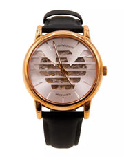 Emporio Armani Meccanico Skeleton Silver Dial Black Leather Strap Watch For Men - AR60031