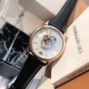 Emporio Armani Luigi Automatic Skeleton Silver Dial Black Leather Strap Watch For Men - AR60013