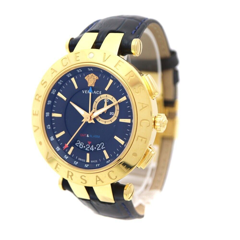 Versace Race GMT Blue Dial Blue Leather Strap Watch For Men