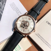 Emporio Armani Luigi Automatic Skeleton Silver Dial Black Leather Strap Watch For Men - AR60013