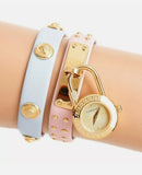 Versace Medusa Lock Icon Quartz Gold Dial Pink & Blue Leather Strap Watch For Women - VEDW00219