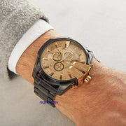 Diesel Mega Chief Chronograph Gold Dial Black Steel Strap Watch For Men - DZ4485