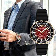 Emporio Armani Sea Explorer Meccanico Automatic Red Dial Black Silicon Strap Watch For Men - AR60070