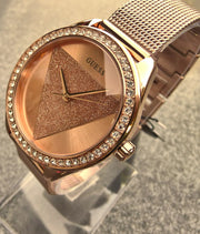 Guess Tri Glitz Quartz Diamonds Rose Gold Dial Rose Gold Mesh Bracelet Watch For Women - W1142L4