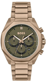 Hugo Boss Classic Chronograph Olive Green Dial Beige Gold Steel Strap Watch For Men - 1514019