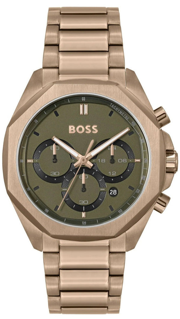 Hugo Boss Classic Chronograph Olive Green Dial Beige Gold Steel Strap Watch For Men - 1514019
