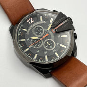 Diesel Mega Chief Chronograph Black Dial Brown Leather Strap Watch For Men - DZ4343