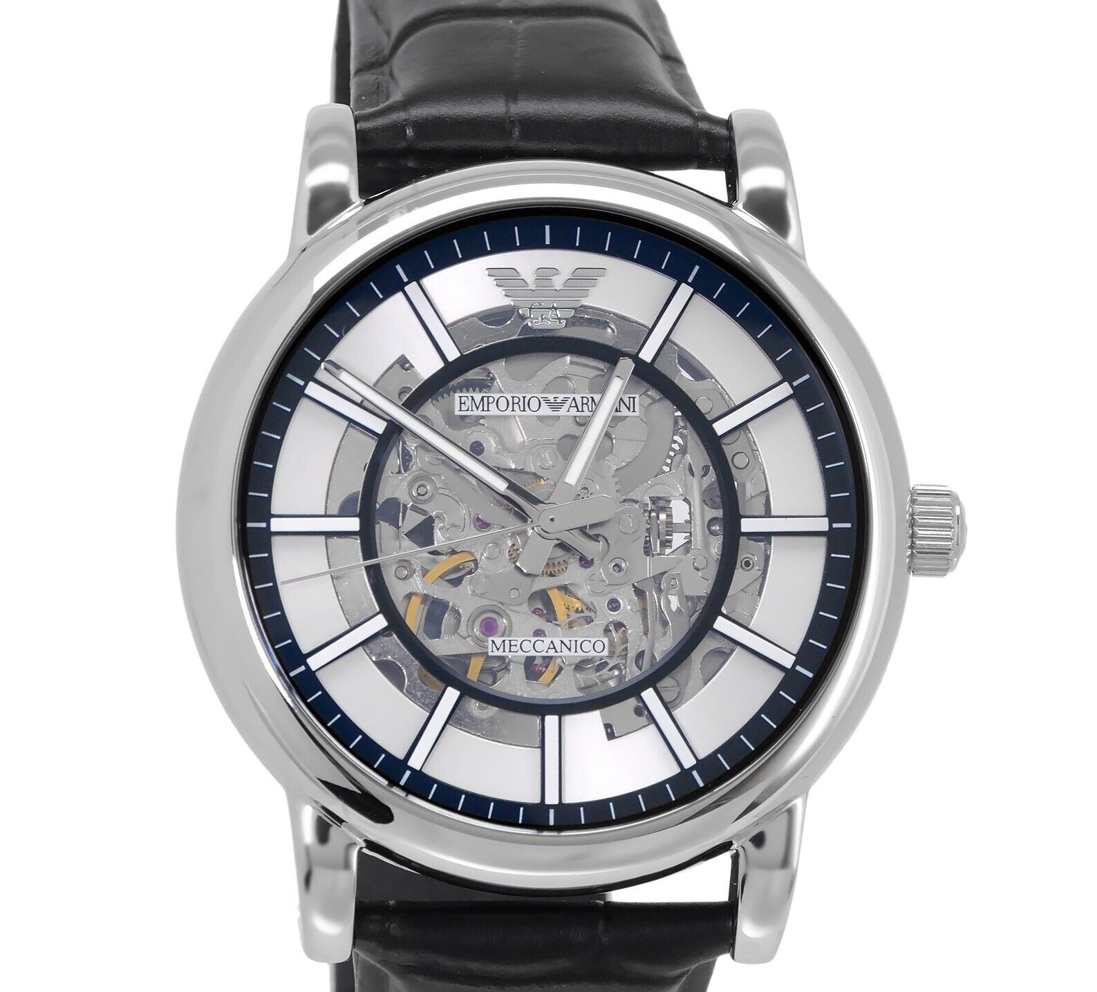 Emporio Armani Luigi Silver Skeleton Dial Black Leather Strap Watch Fo