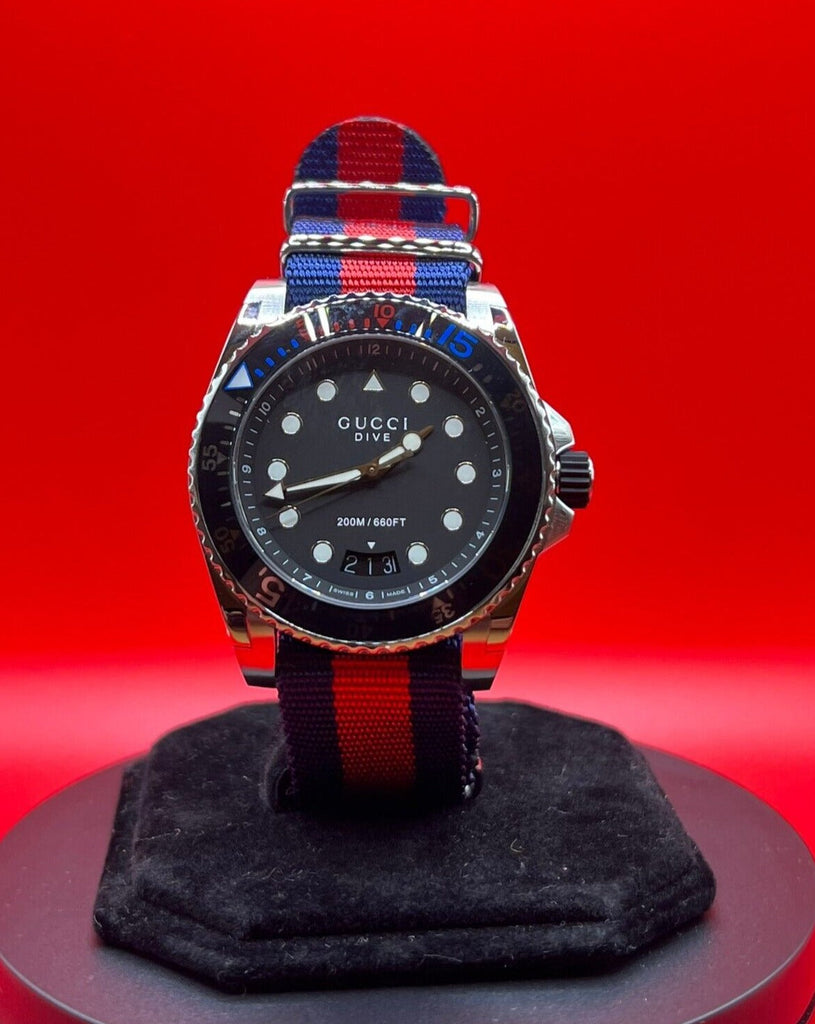 Gucci Dive Black Dial Red & Blue Nylon Strap Watch For Men